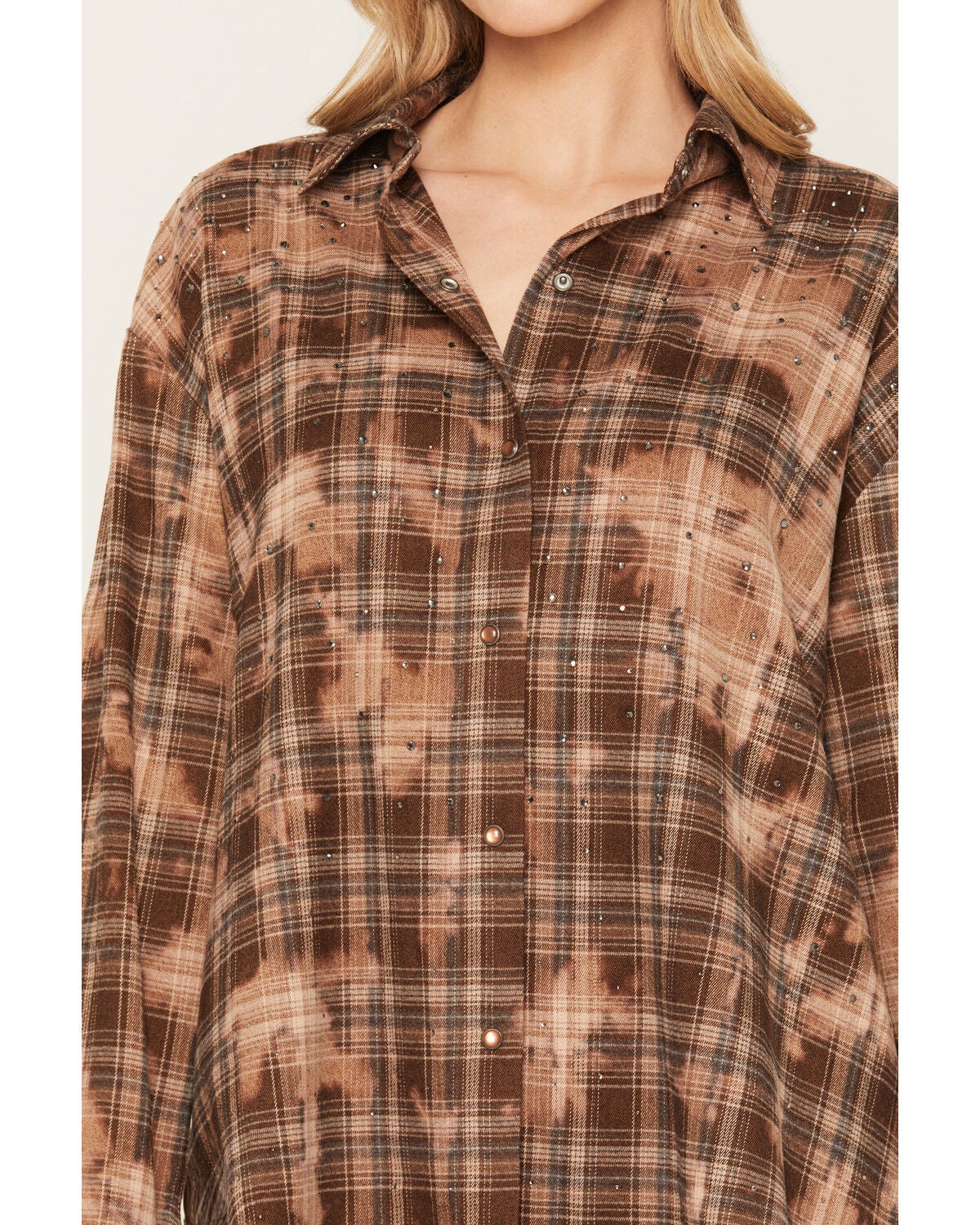 Image #3 - Cleo + Wolf Women's Rhinestone Distressed Plaid Print Long Sleeve Pearl Snap Flannel Shirt, Brown, hi-res
