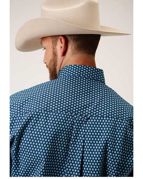 Amarillo Men's Diamond Fluer Foulard Geo Print Short Sleeve Western Shirt , Blue, hi-res