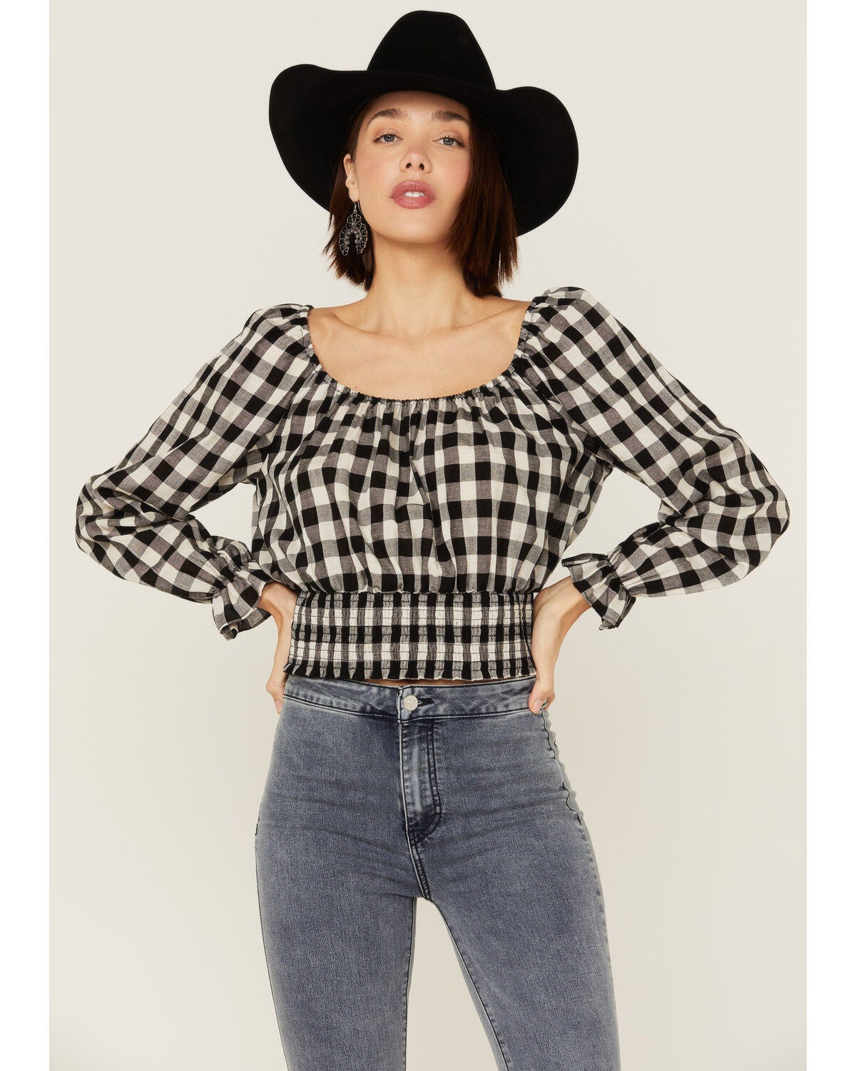 Beyond The Radar Women's Gingham Tie Back Smocked Blouse, Black, hi-res