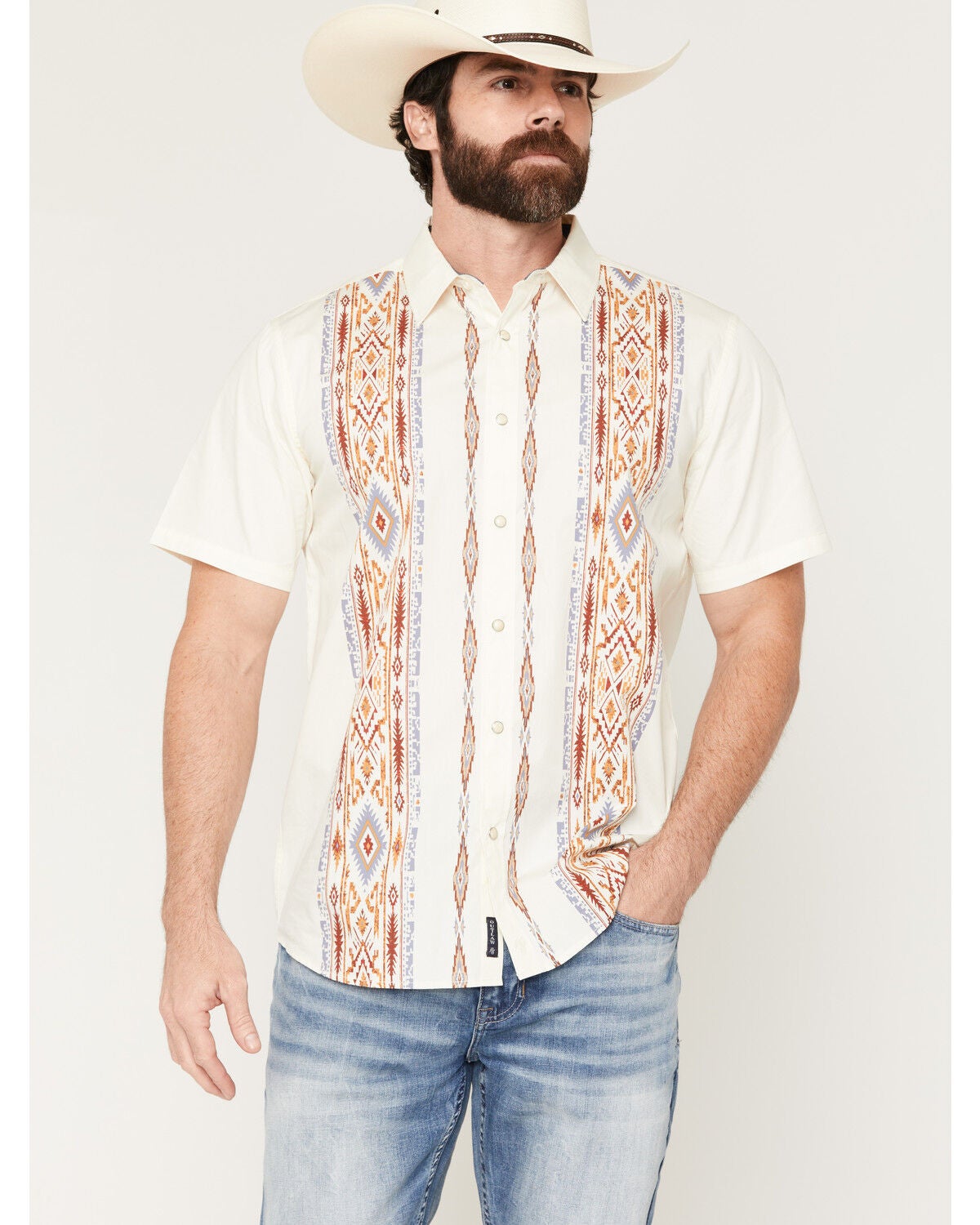 Moonshine Spirit&reg; Men's Mojave Southwestern Stripe Print Short Sleeve Snap Western Shirt, Ivory, hi-res