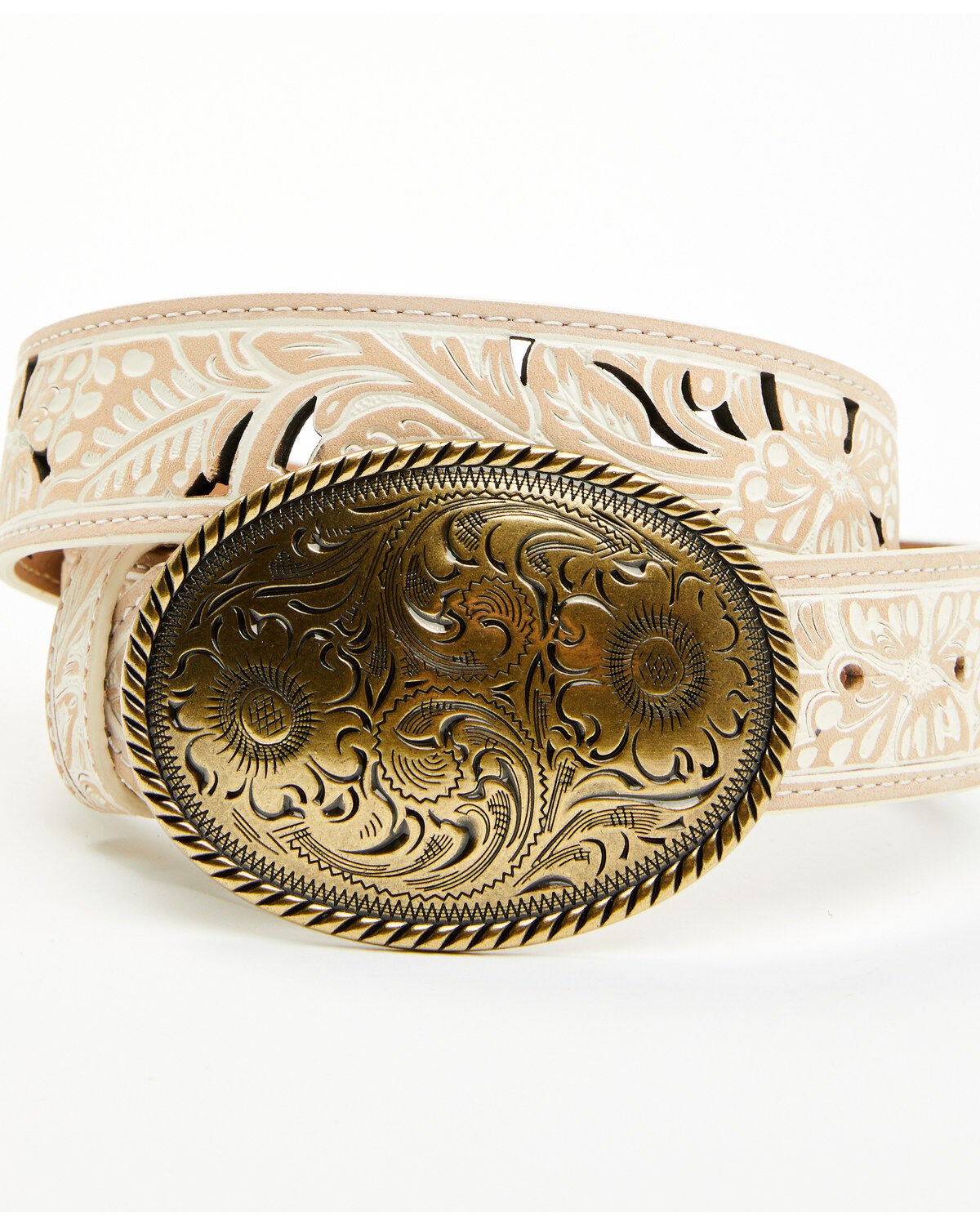 Shyanne Women's Nellie Tooled Cutout Oval Buckle Belt, Cream, hi-res
