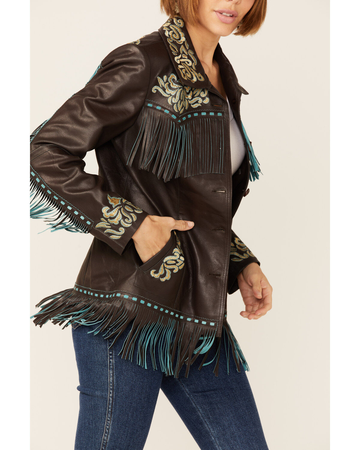 Scully Women's Brown & Turquoise Embroidered Yoke & Fringe Suede
