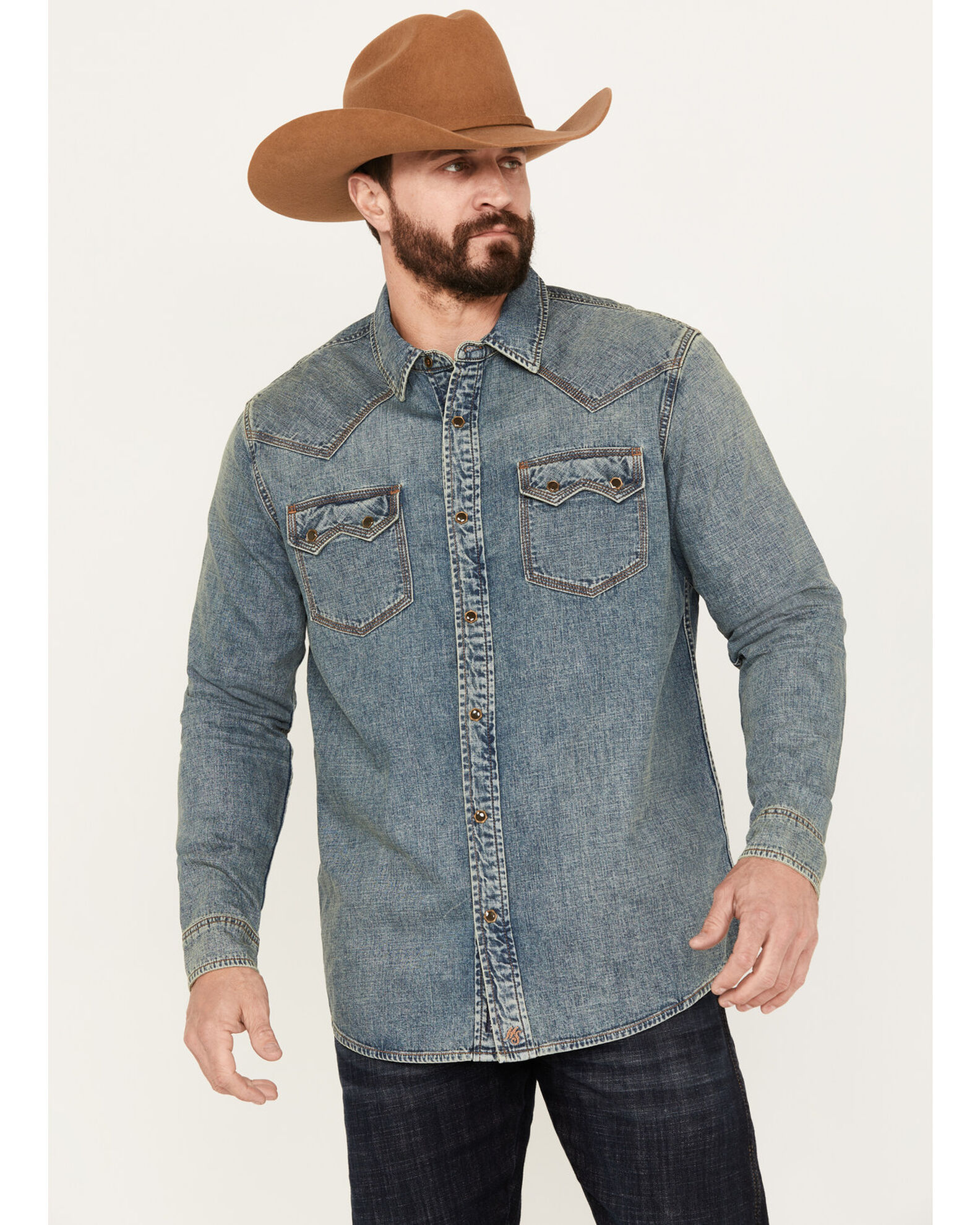 Moonshine Spirit Men's Medium Wash Denim Long Sleeve Western Snap Shirt