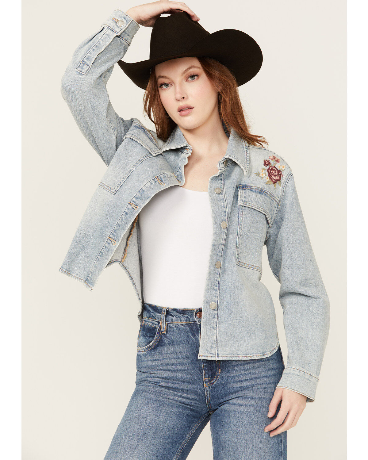 Image #2 - Driftwood Women's Light Wash Embroidered Steer Head Denim Shacket, Light Wash, hi-res