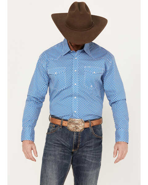 Roper Men's Amarillo Geo Print Long Sleeve Western Stretch Western Snap Shirt, Blue, hi-res