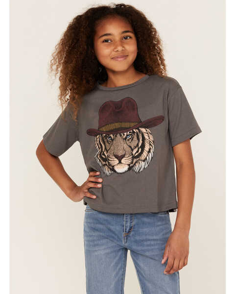 Somewhere West Girls' Cowboy Tiger Graphic Tee, Charcoal, hi-res