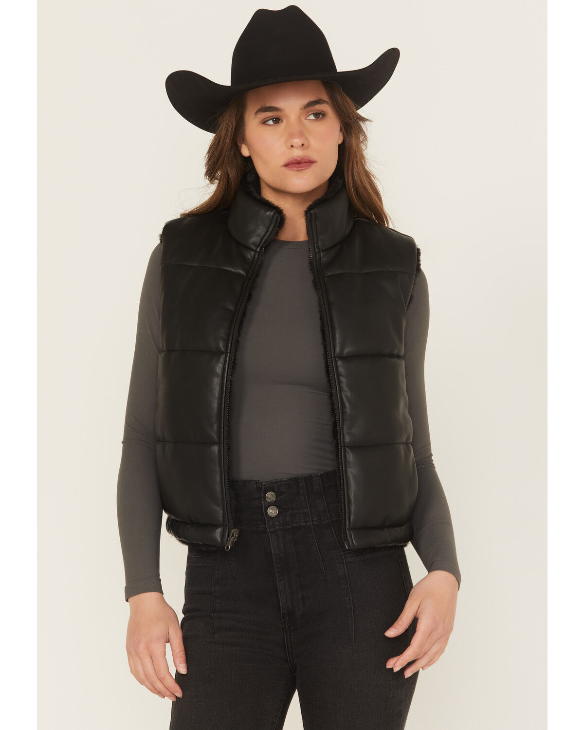 Image #1 - Ariat Women's Echo Faux Leather Reversible Puffer Vest, Black, hi-res