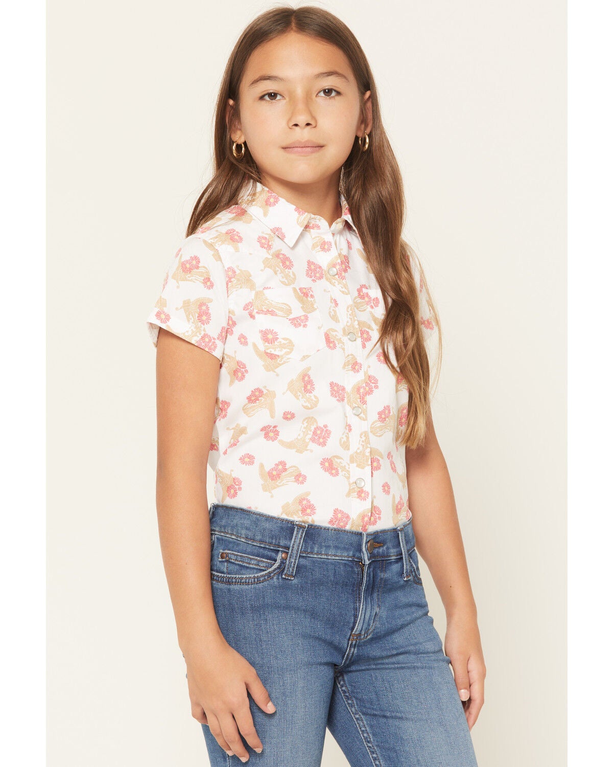 Wrangler Girls' Floral Print Short Sleeve Snap Western Shirt, White, hi-res
