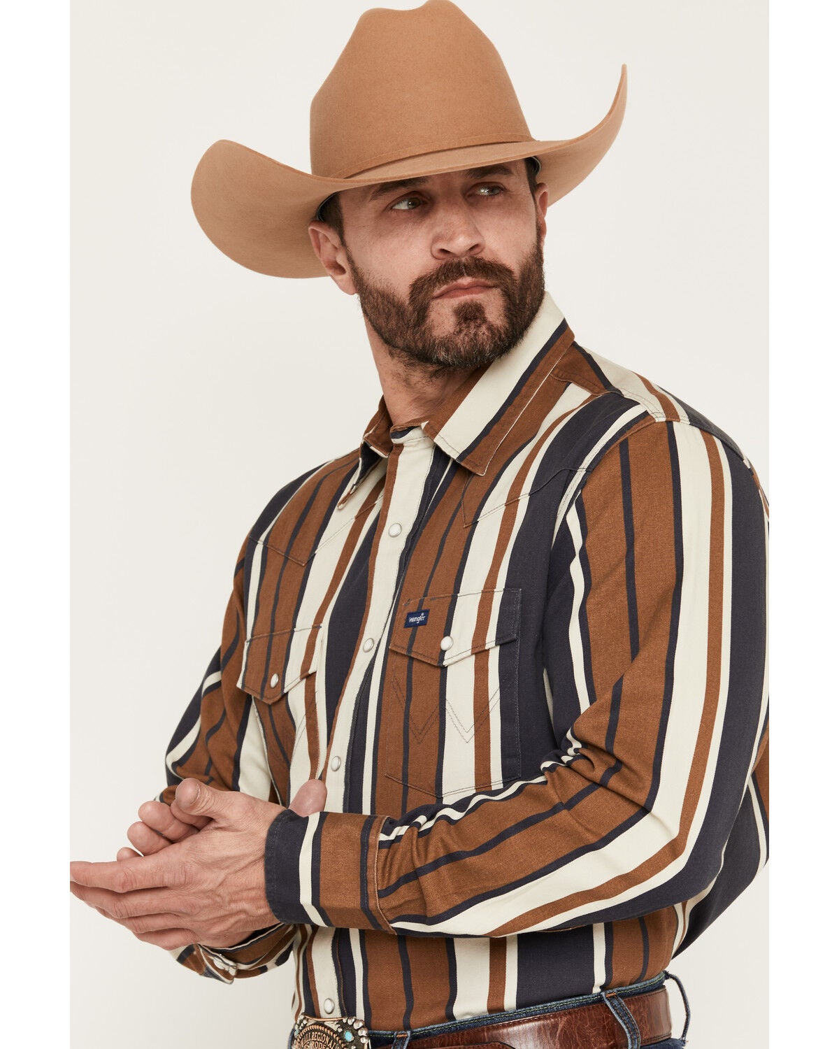 Image #2 - Wrangler Men's Vintage Brushpopper Striped Print Long Sleeve Snap Western Shirt, Brown, hi-res