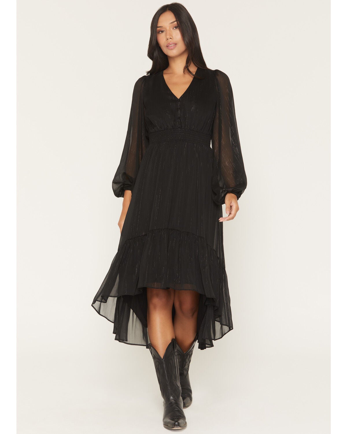 Shyanne Women's Josephine Faux Button-Down Long Sleeve Lurex Midi Dress, Black, hi-res