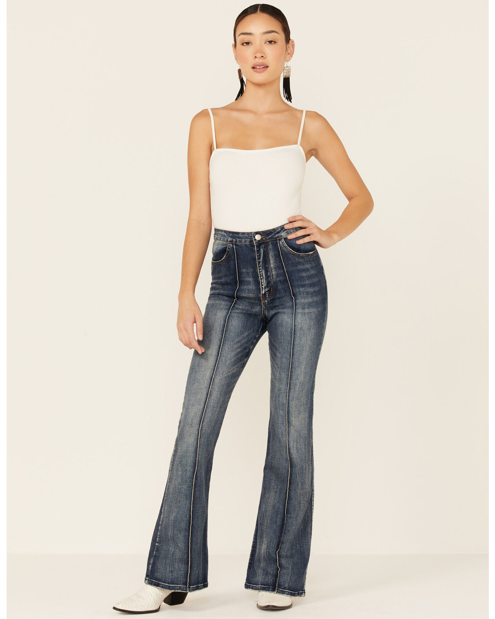 Flying Tomato Women s High Rise Dark Acid Wash Front Pintuck Flare Jeans