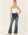 Flying Tomato Women's High Rise Dark Acid Wash Front Pintuck Flare Jeans, Indigo, hi-res