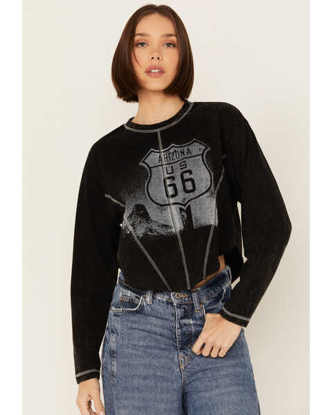 Youth In Revolt Women's Route 66 Seamed Long Sleeve Graphic Tee , Charcoal, hi-res
