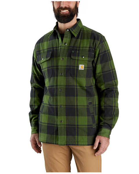 Carhartt Men's Relaxed Fit Sherpa Lined Flannel Shirt Jacket, Loden, hi-res