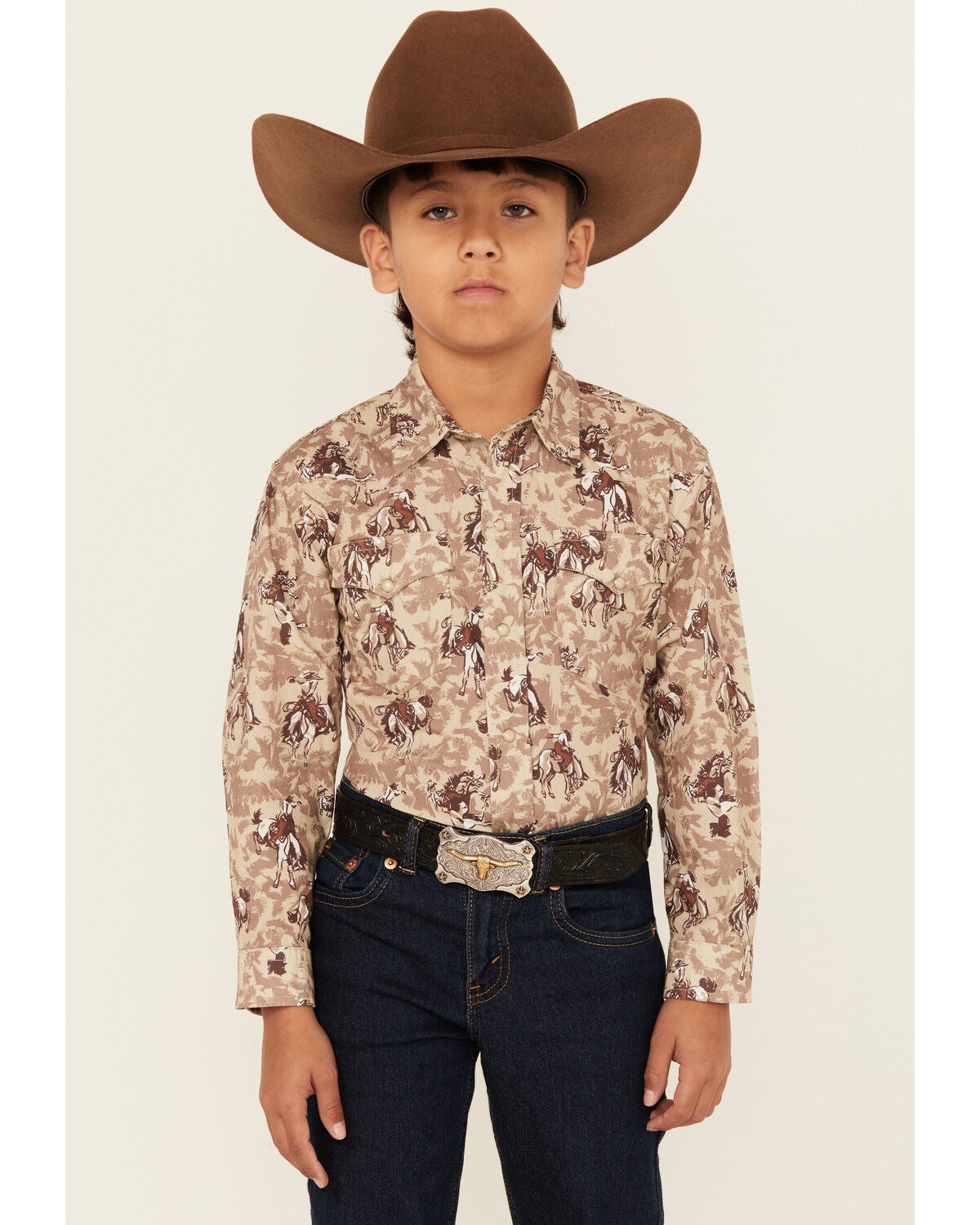 Roper Boys' Bucking Horse Print Long Sleeve Snap Western Shirt, Brown, hi-res