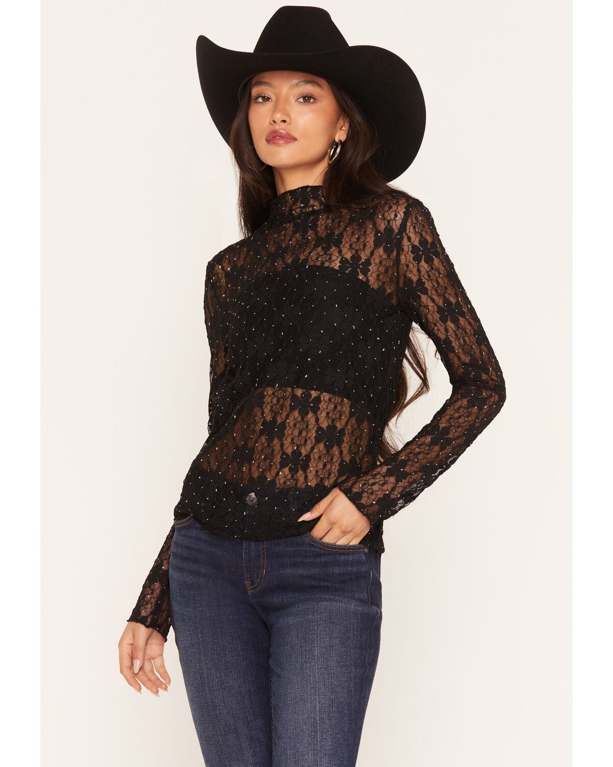 Image #1 - Miss Me Women's Rhinestone Lace Long Sleeve Top, Black, hi-res