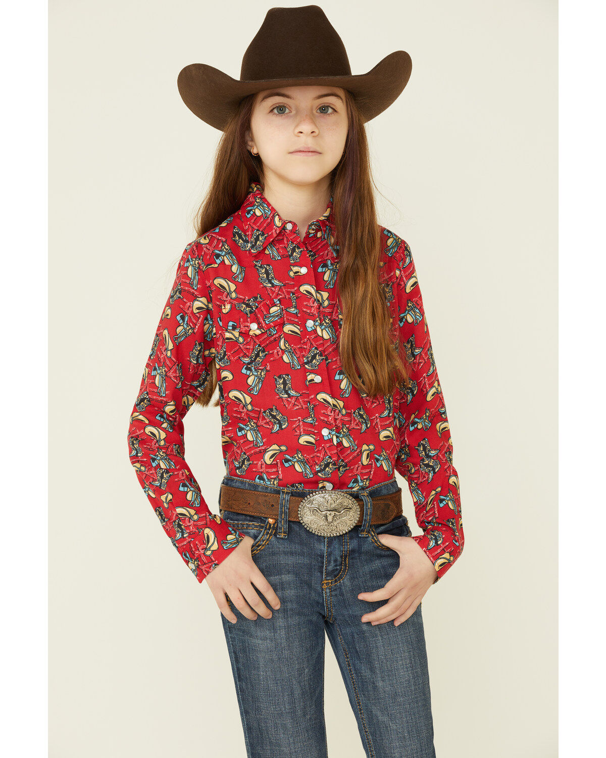 Image #1 - Roper Girls' Boot Scoot Print Long Sleeve Pearl Snap Western Shirt, Red, hi-res