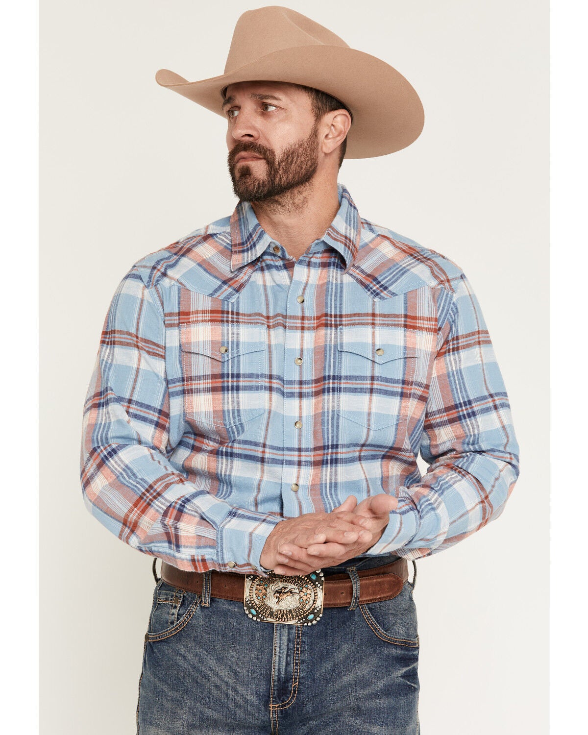 Wrangler Retro Men's Plaid Print Long Sleeve Snap Western Shirt, Blue, hi-res