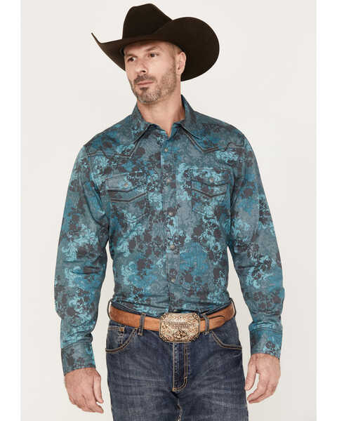 Wrangler Rock 47 Men's Floral Print Long Sleeve Snap Western Shirt, Teal, hi-res