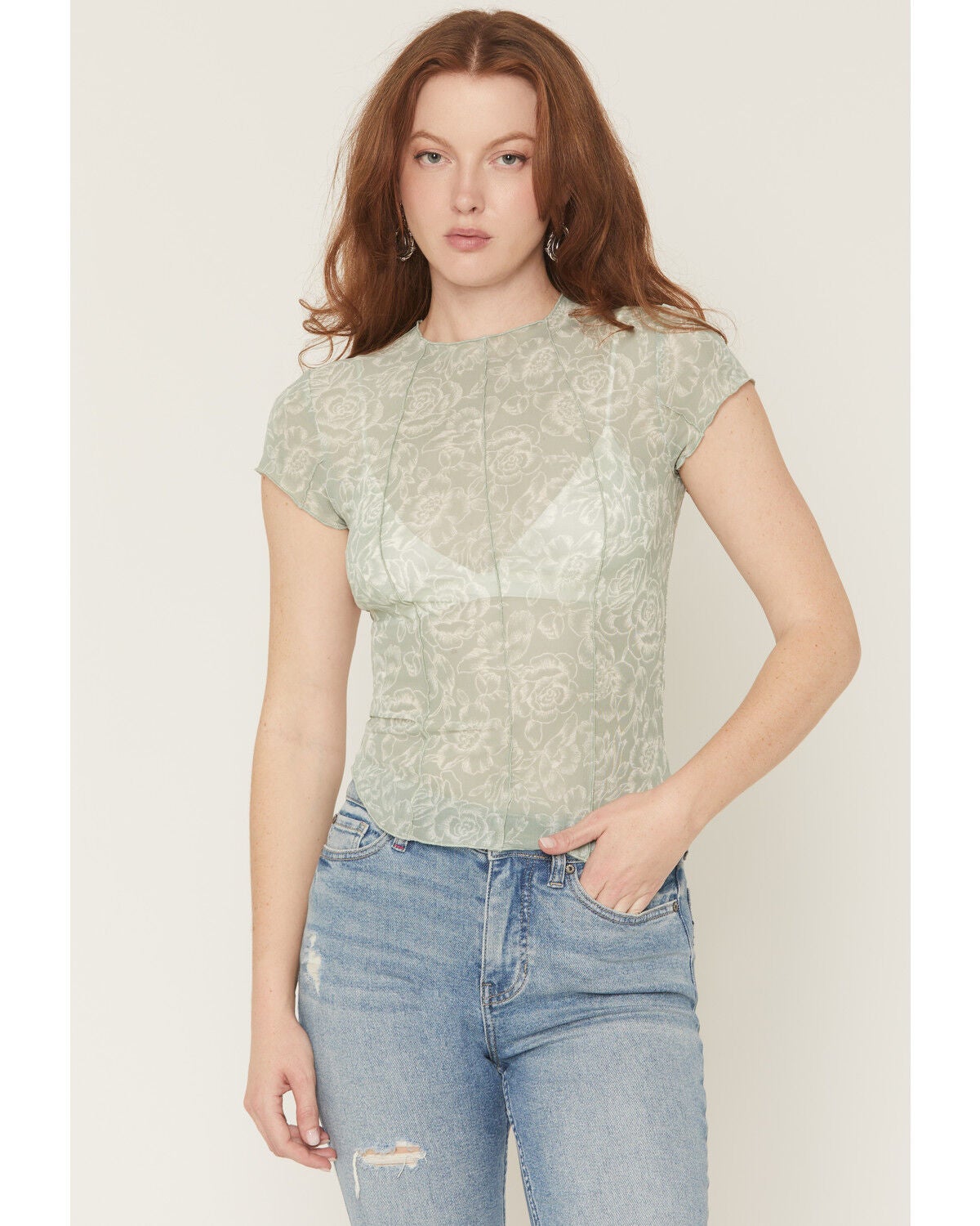 Ash & Violet Women's Floral Print Mesh Short Sleeve Tee, Green, hi-res
