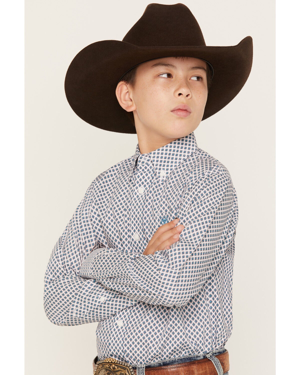 Image #2 - Ariat Boys' Geo Print Long Sleeve Button-Down Western Shirt, White, hi-res