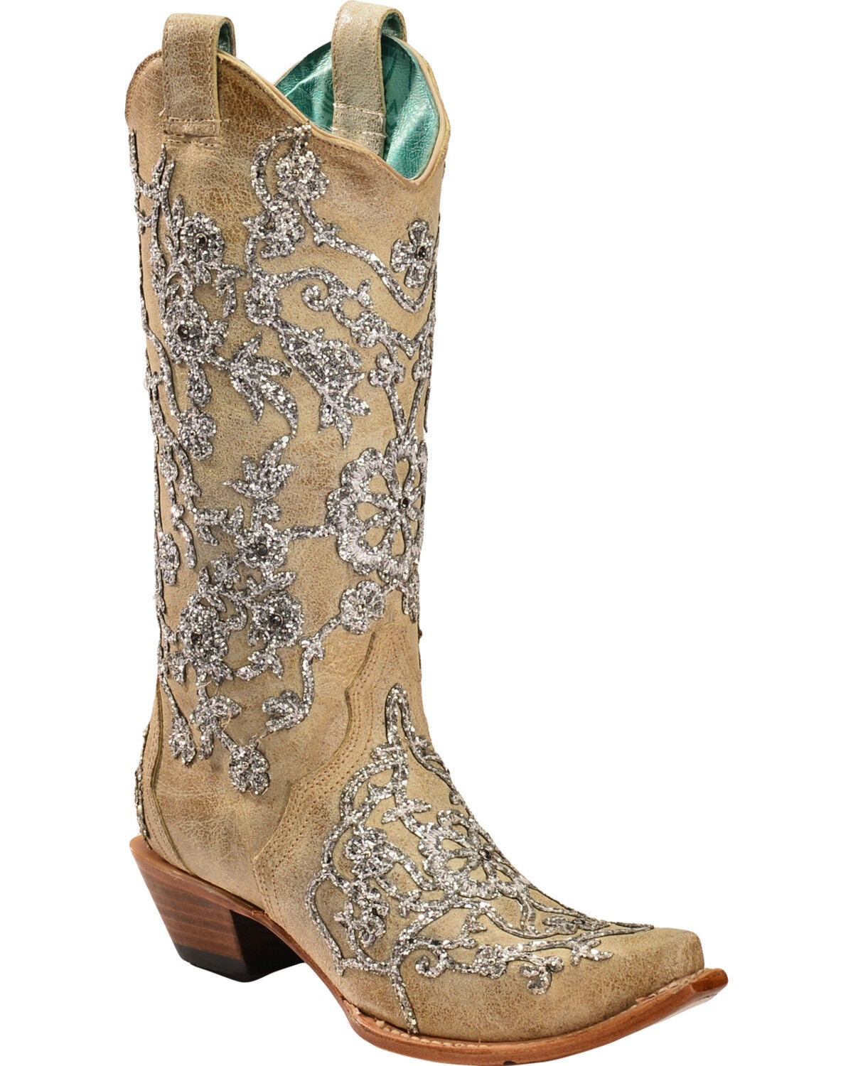 Image #1 - Corral Women's Bone Glitter Overlay Embroidery & Crystals Western Boots - Snip Toe, , hi-res