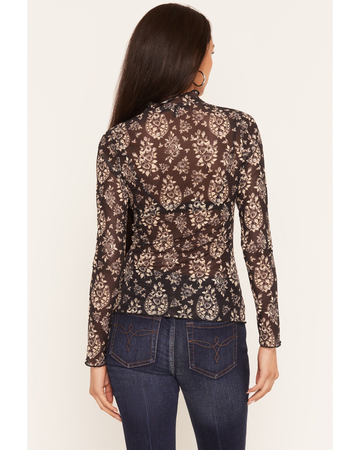 Image #4 - Wonderwest Women's Floral Horseshoe Print Long Sleeve Mesh Top, Black, hi-res