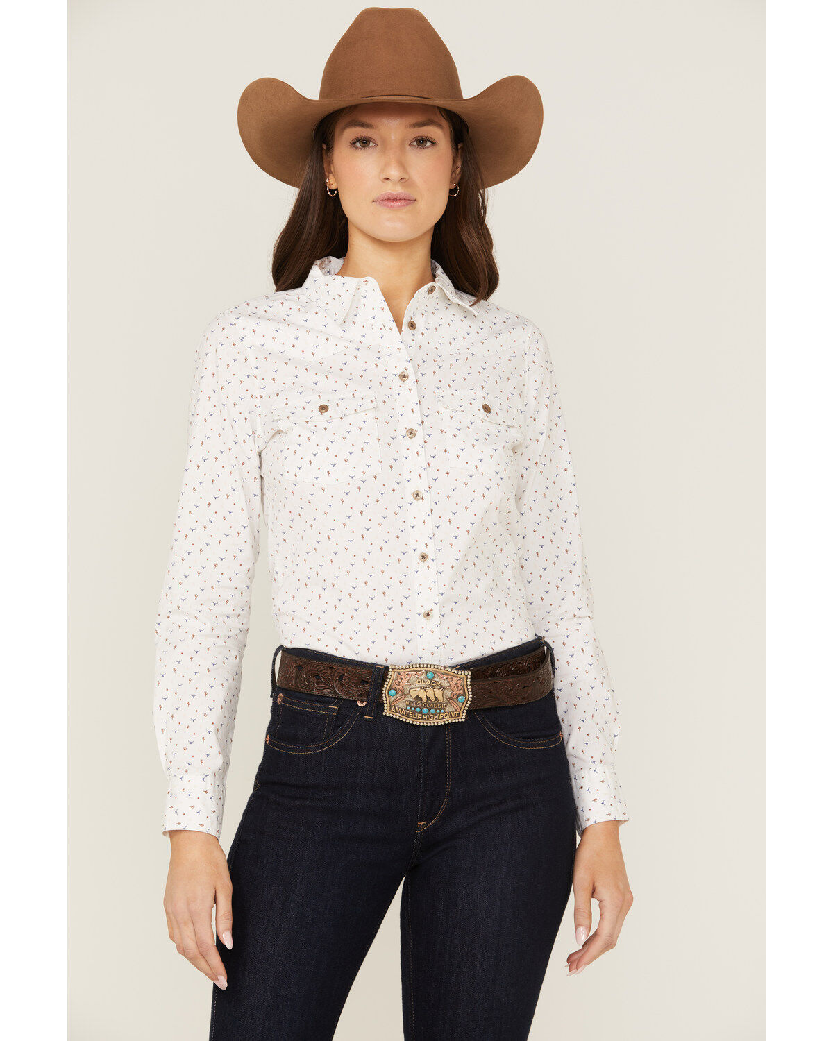 Image #1 - RANK 45® Women's Western Cactus Conversation Print Long Sleeve Button-Down Western Riding Shirt, Ivory, hi-res