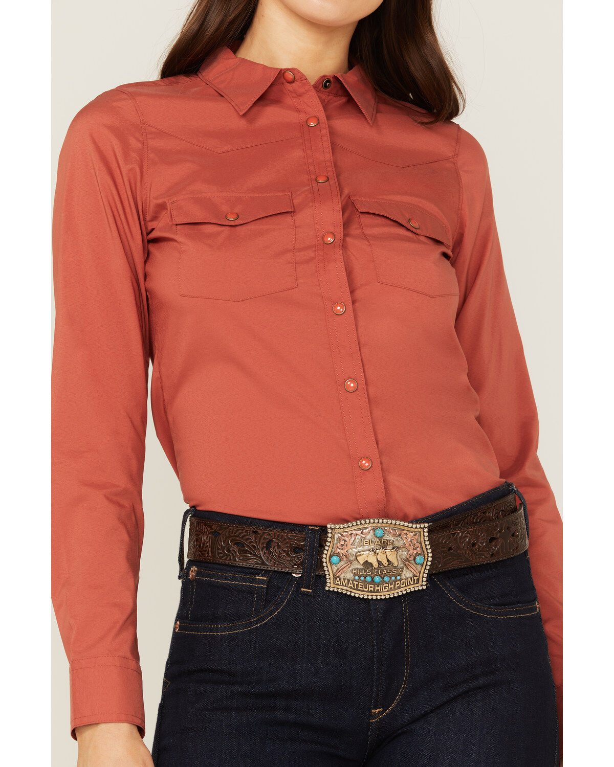 Image #2 - RANK 45® Women's Vented Performance Outdoor Long Sleeve Snap Western Shirt, Brick Red, hi-res