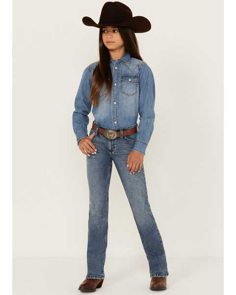 Image #1 - Wrangler Girls' Nealy Light Wash Stretch Bootcut Jeans , Light Wash, hi-res
