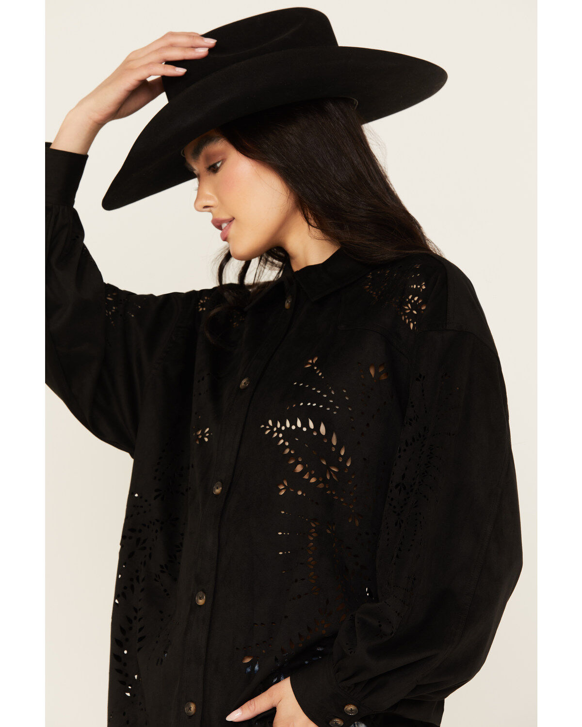 Image #2 - Shyanne Women's Faux Suede Laser Cutout Shacket, Black, hi-res