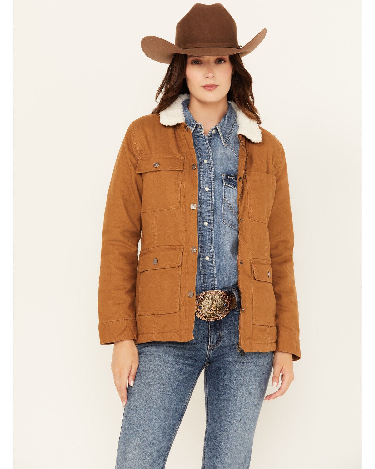 Shyanne Women's Sherpa Lined Canvas Barn Jacket, Brown, hi-res