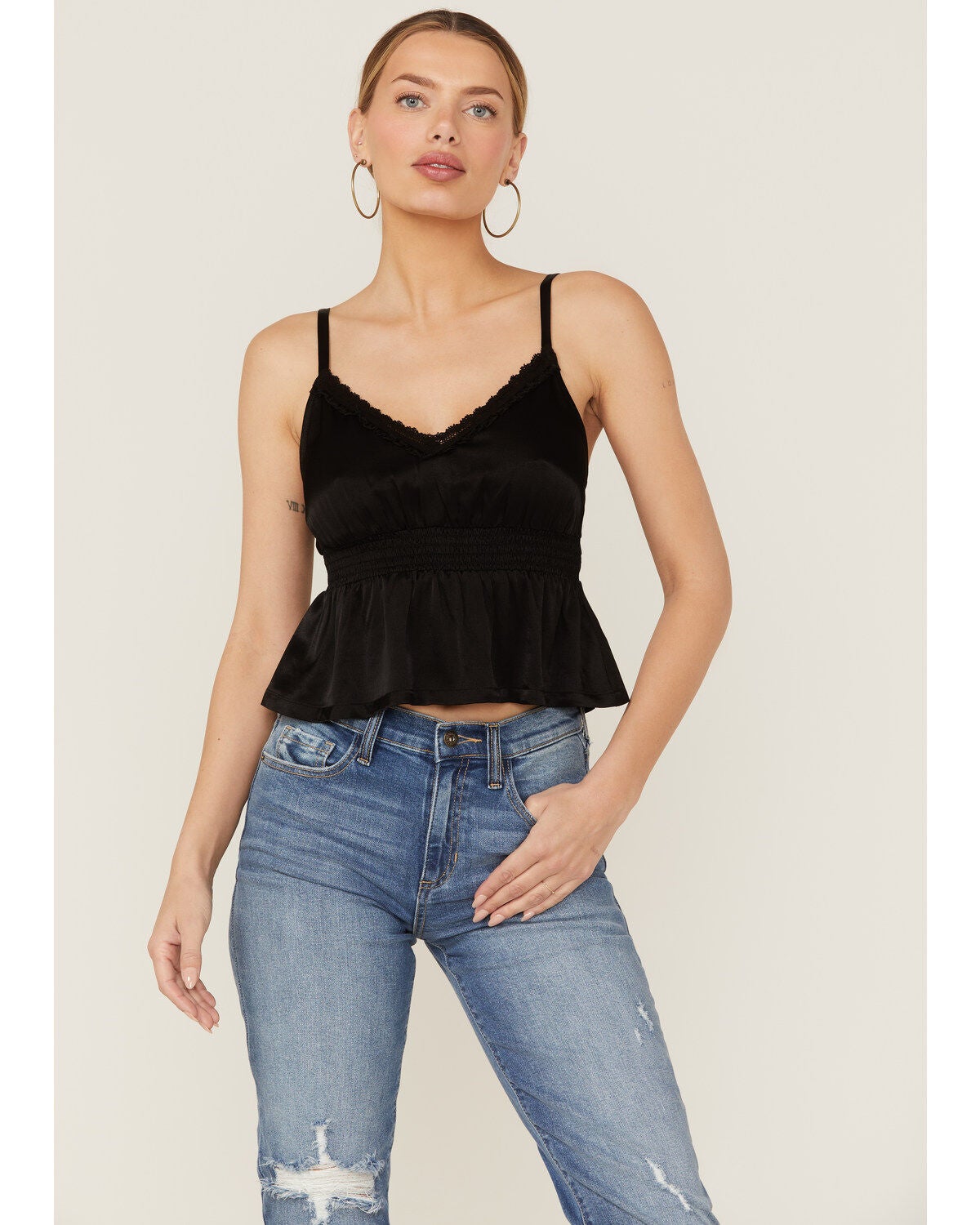 Shyanne Women's Satin Smocked Empire Cami, Black, hi-res