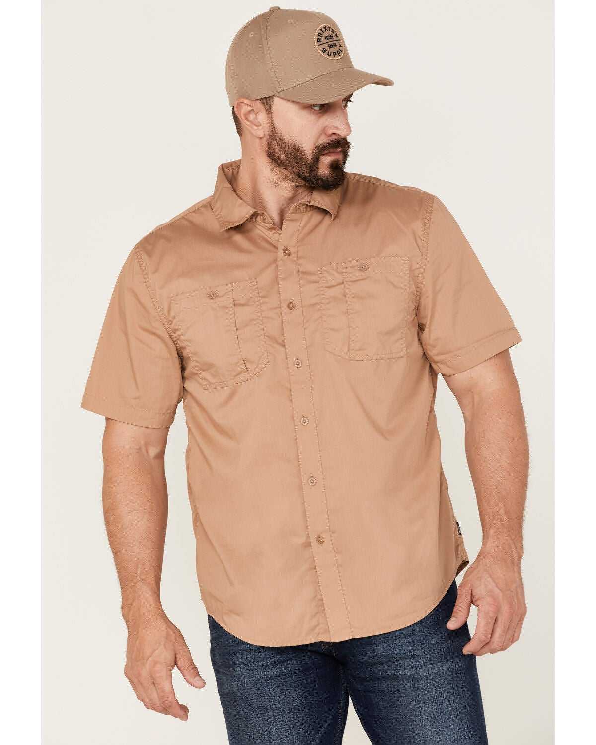 Brixton Men's Mojave Charter Solid Utility Button Down Western Shirt, Tan, hi-res
