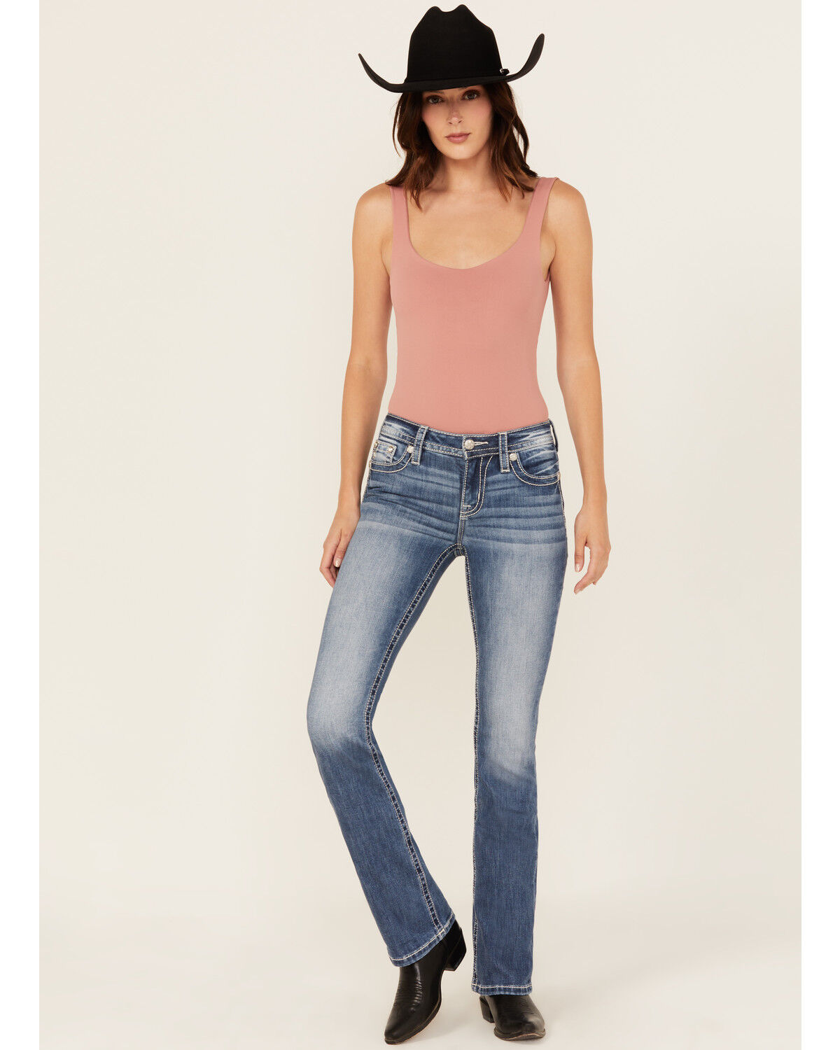 Image #3 - Miss Me Women's Medium Wash Mid Rise Horseshoe Pocket 34" Bootcut Stretch Denim Jeans, Medium Wash, hi-res