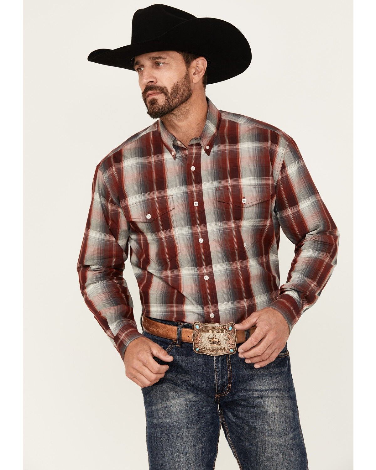 Roper Men's Amarillo Plaid Print Long Sleeve Button-Down Western Shirt, Wine, hi-res