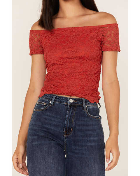 Image #3 - Panhandle Women's Floral Lace Off Shoulder Shirt, Red, hi-res