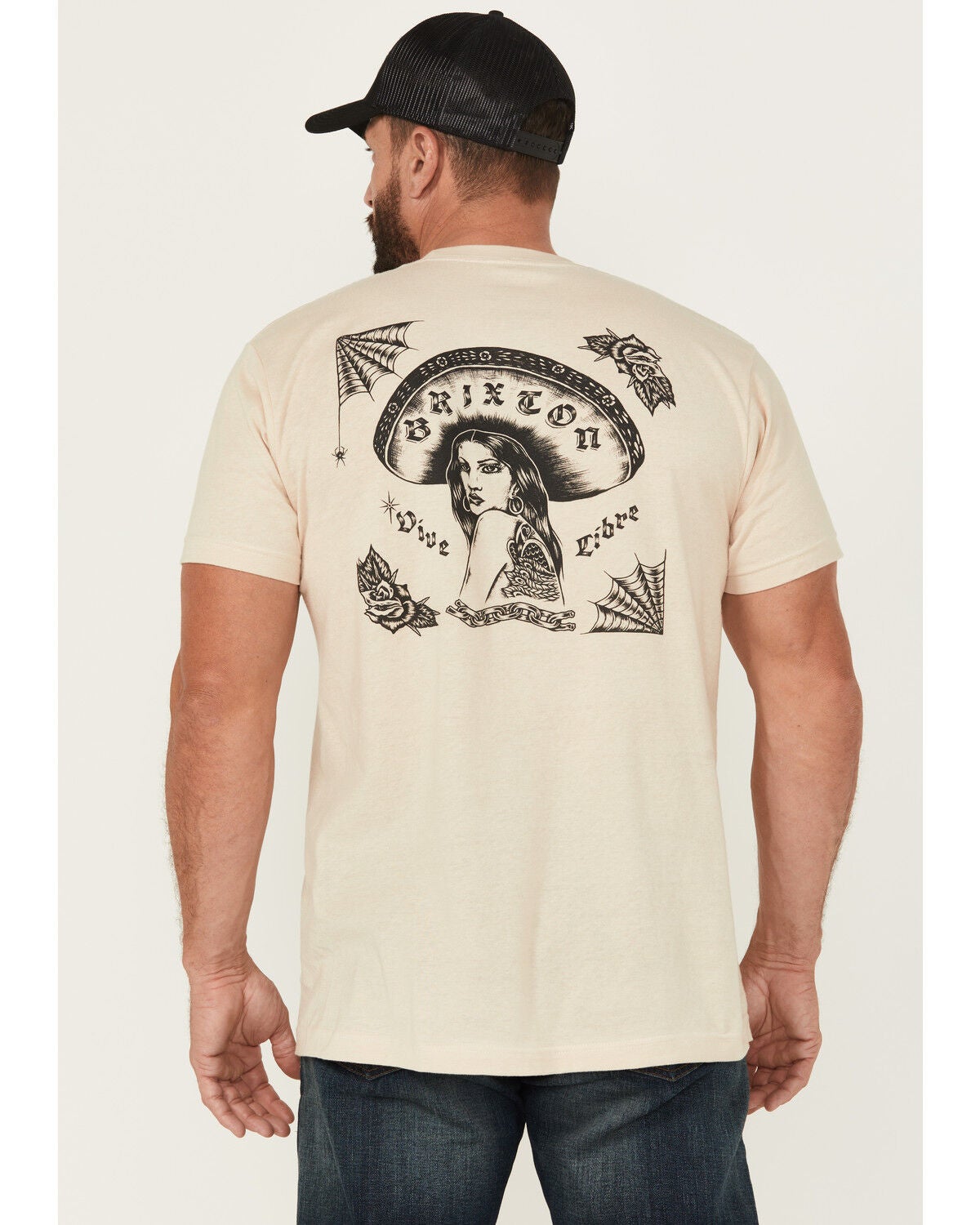 Brixton Men's Boot Barn Exclusive Vive Libre Mariachi Girl Short Sleeve Graphic T-Shirt, Sand, hi-res