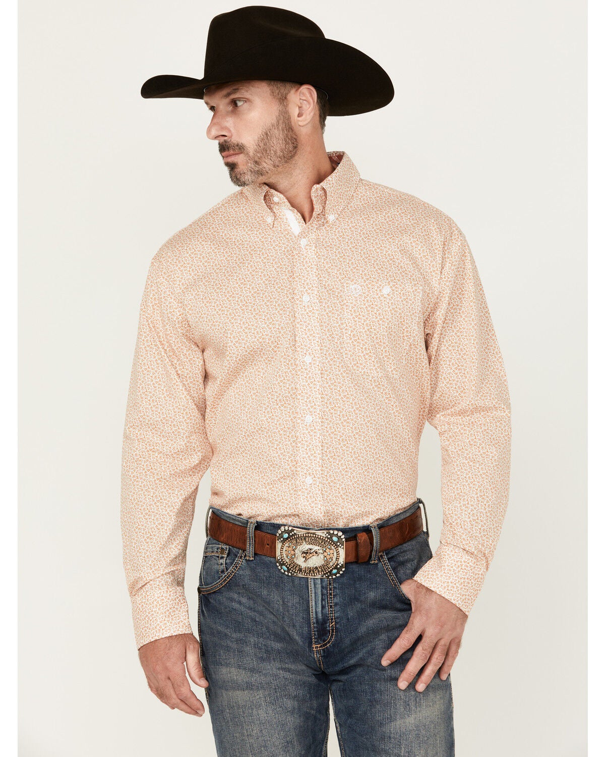 George Strait by Wrangler Men's Floral Print Long Sleeve Button-Down Stretch Western Shirt, White, hi-res