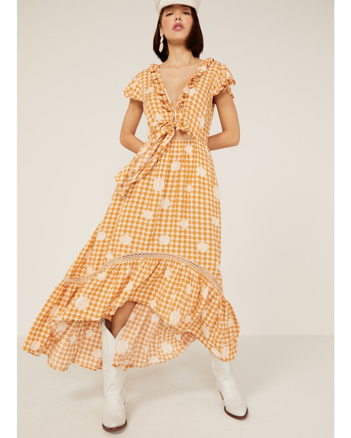 Beyond The Radar Women's Floral Gingham Picnic Midi Dress, Gold, hi-res