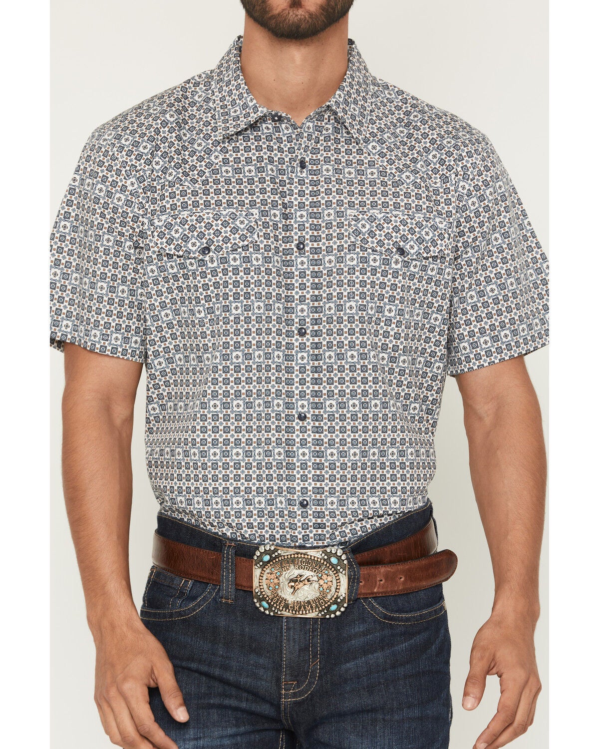Image #3 - Gibson Trading Co Men's haven Geo Print Short Sleeve Snap Western Shirt - Big, Light Blue, hi-res