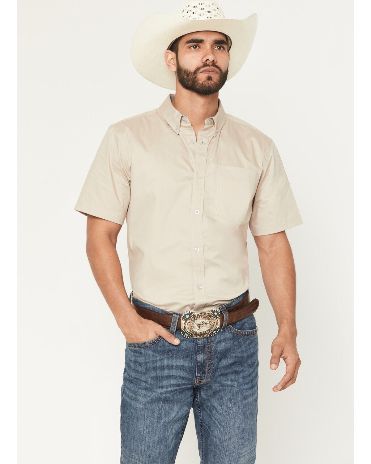 Cody James Men's Basic Twill Short Sleeve Button-Down Stretch Western Shirt, Tan, hi-res