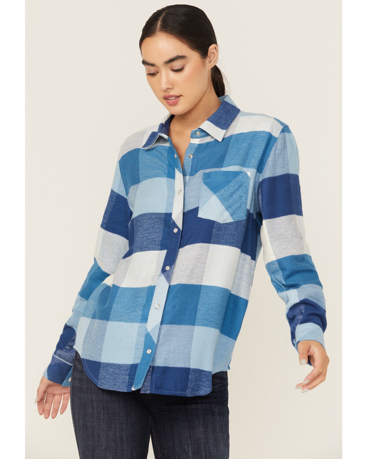 Idyllwind Women's Plaid Print Long Sleeve Snap Flannel Shirt, Light Blue, hi-res