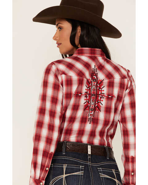 Ariat Women's R.E.A.L. Embroidered Plaid Print Long Sleeve Western Snap Shirt; Follow up with Nancy 6-24KM, Red, hi-res