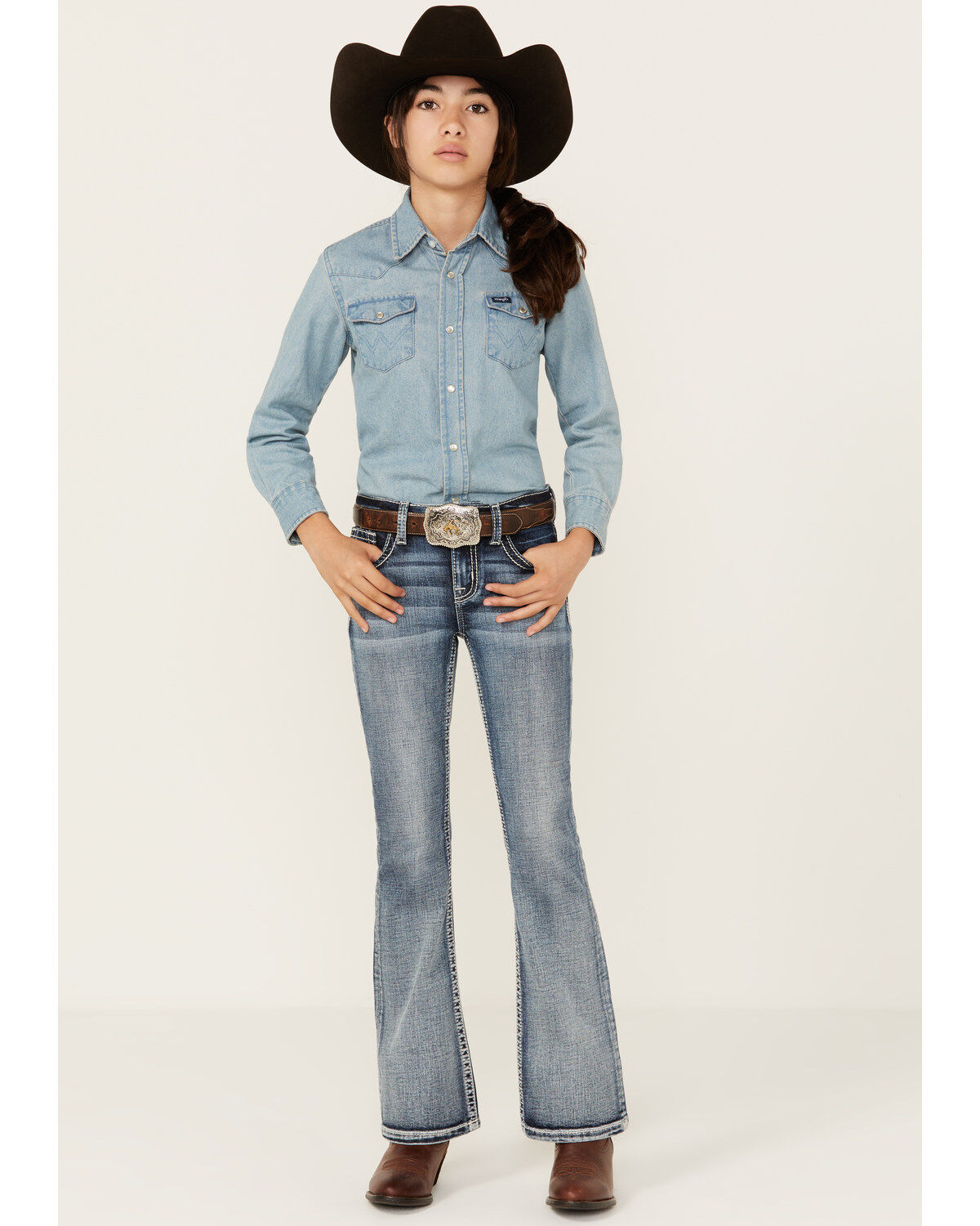 Image #3 - Miss Me Girls' Medium Wash Faded Stretch Bootcut Jeans, Light Blue, hi-res