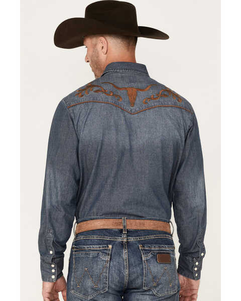 Roper Men's Longhorn Embroidered Long Sleeve Snap Denim Western Shirt, Blue, hi-res