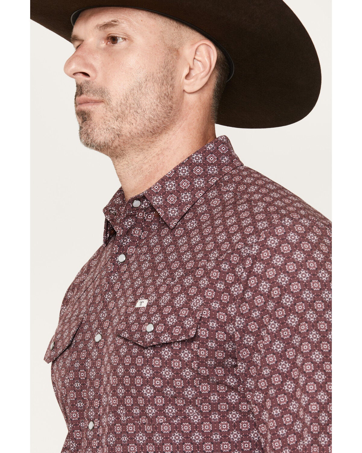 Image #2 - Ferrell Men's Sutton Tek Medallion Print Long Sleeve Pearl Snap Stretch Western Shirt, Burgundy, hi-res