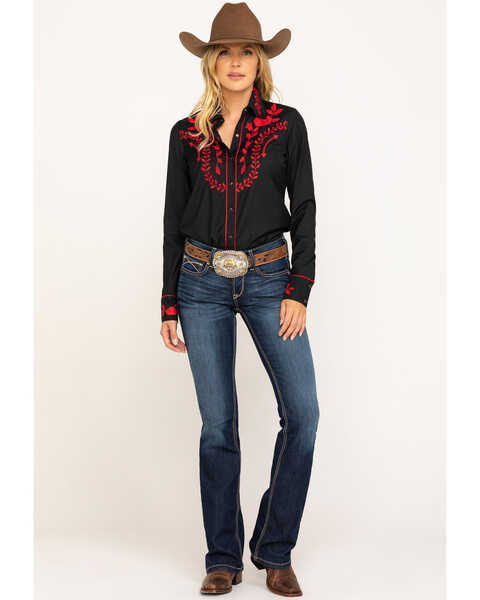 Image #6 - Roper Women's Black Red Rose Embroidered Rodeo Shirt , , hi-res