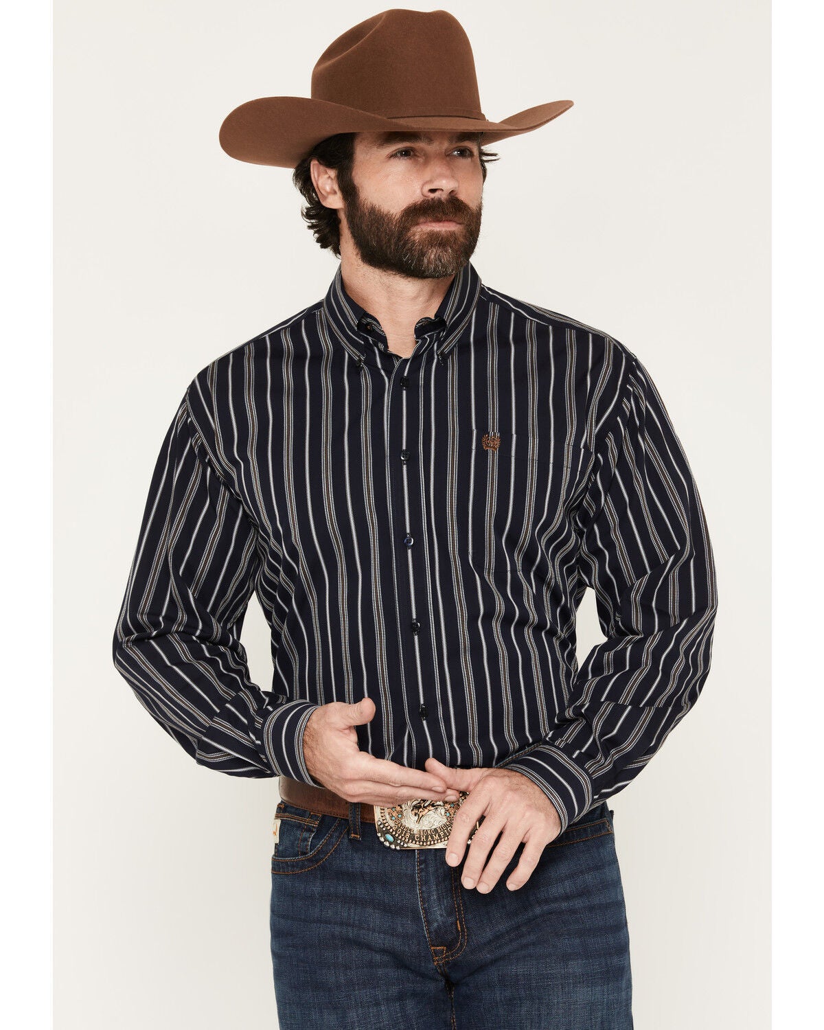 Image #1 - Cinch Men's Dobby Striped Print Long Sleeve Button-Down Western Shirt, Navy, hi-res