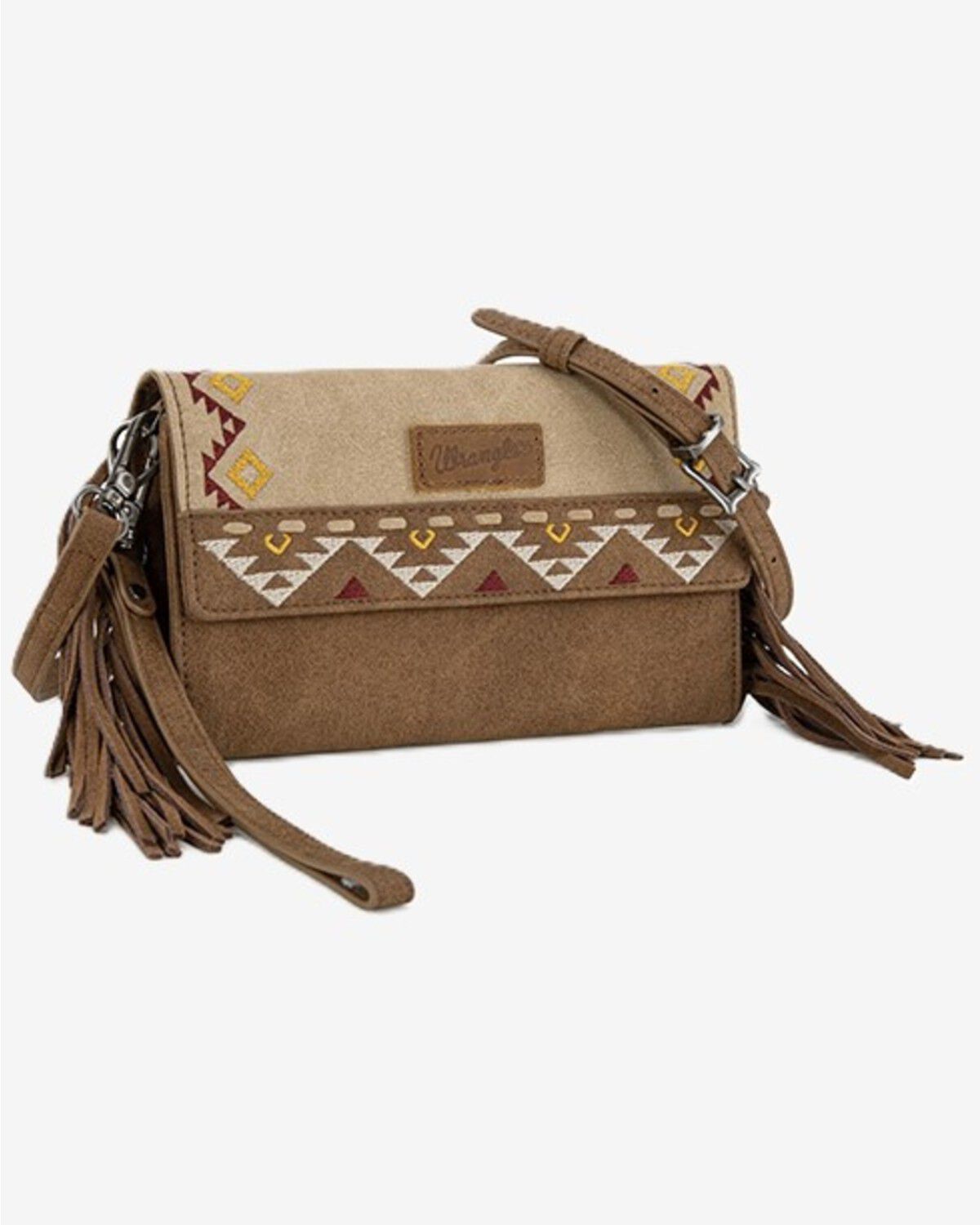 Image #1 - Wrangler Women's Southwestern Print Fringe Crossbody Wristlet, Tan, hi-res
